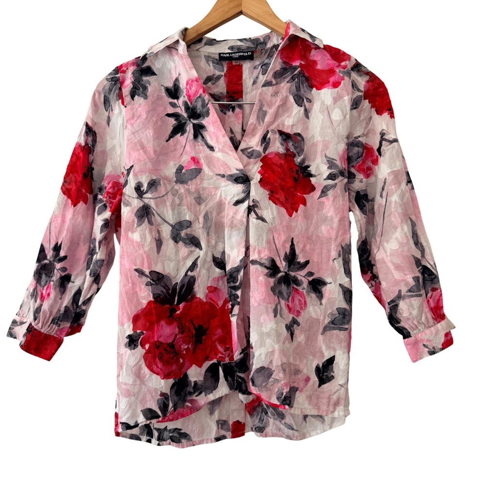 Karl Lagerfeld Luxury Designer‎ Womens Red Floral Button Back Cotton Blouse XXS
